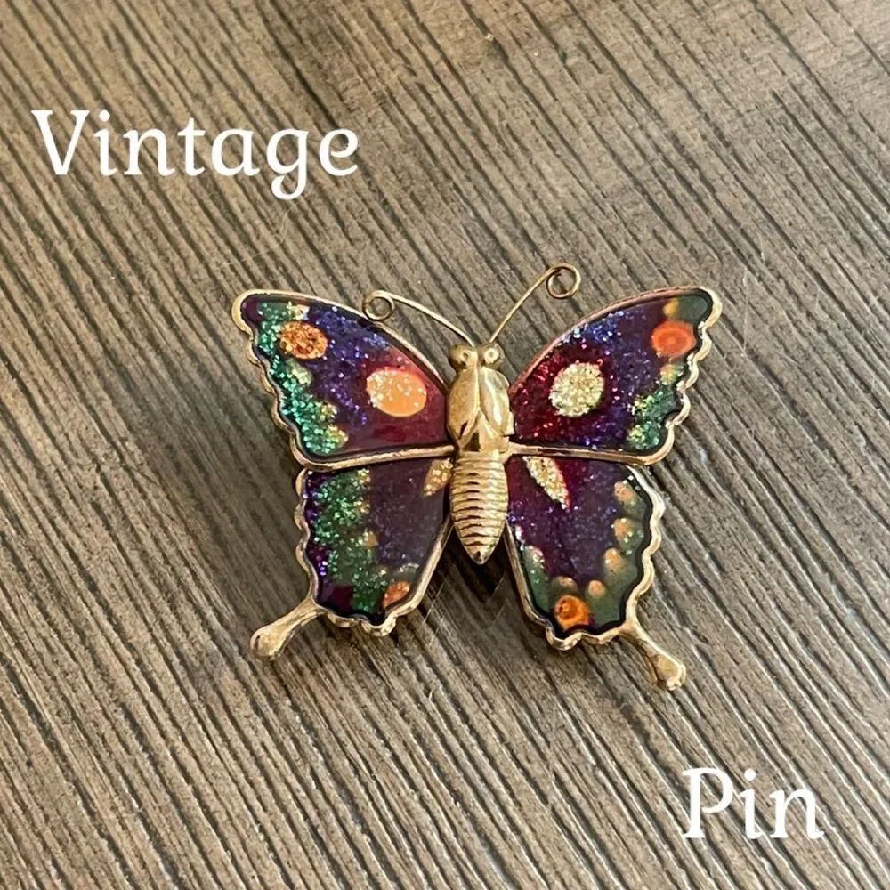 Vintage Gold-tone Butterfly with Glitter & Colorful Resin